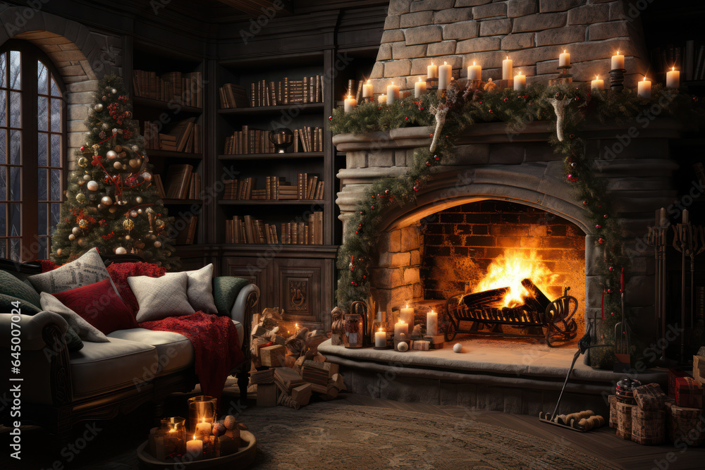 Cozy Fireplace. Living room with a crackling fireplace adorned with stockings and holiday decor, creating a warm and inviting Christmas atmosphere. Generative AI.