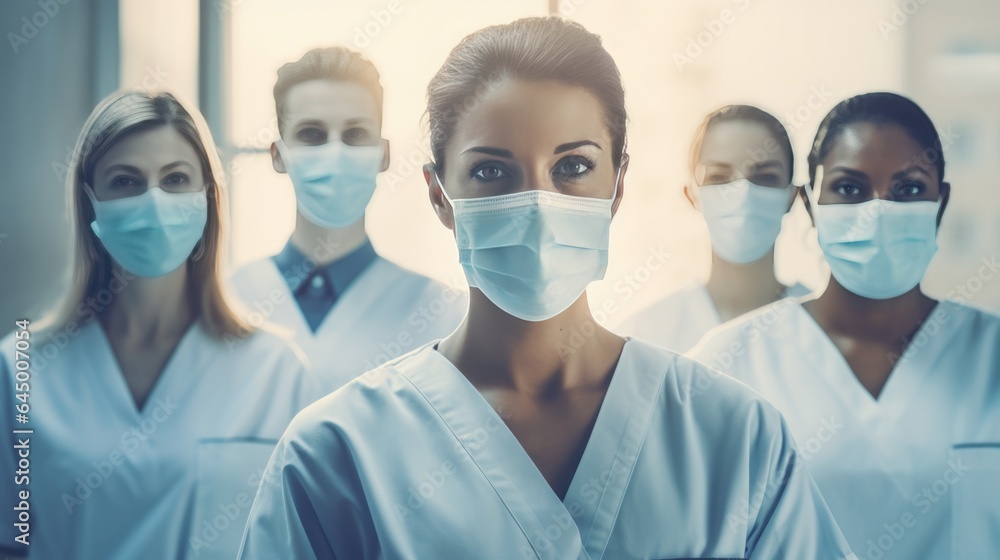 Photography of Group of doctors with face masks looking at camera in hospital background. Photography of Group of doctors with face masks looking at camera in hospital background.