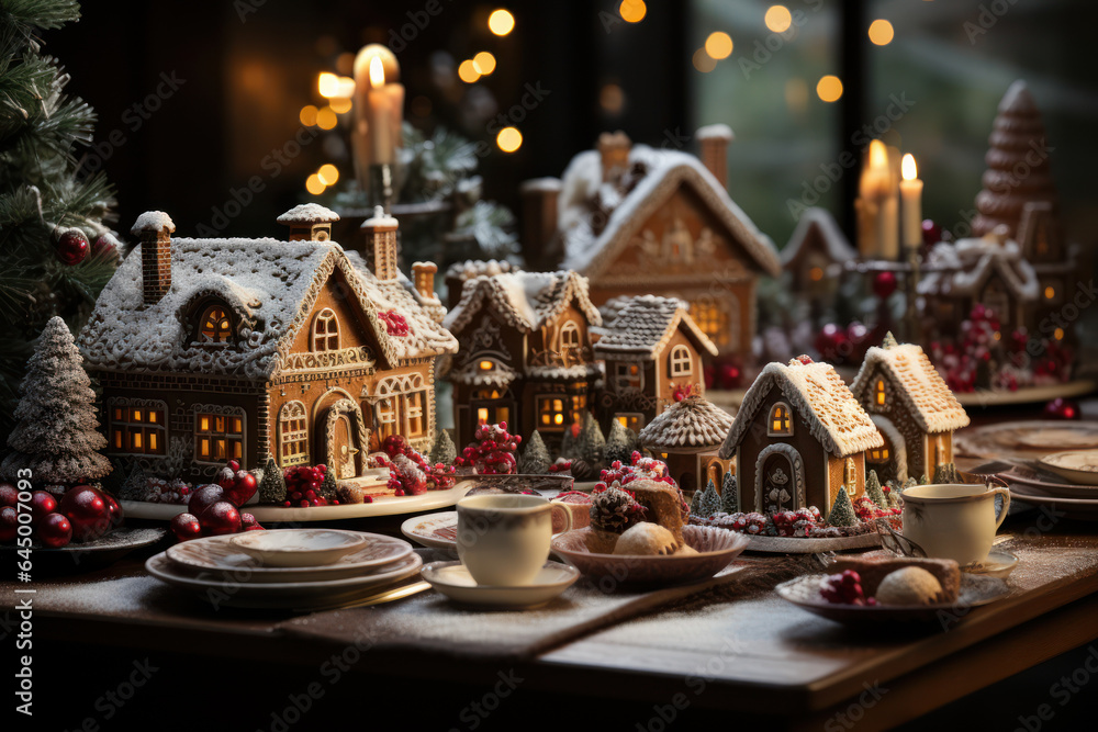 Gingerbread Delights. Table adorned with gingerbread houses and festive treats, capturing the delightful culinary traditions of Christmas. Generative AI.