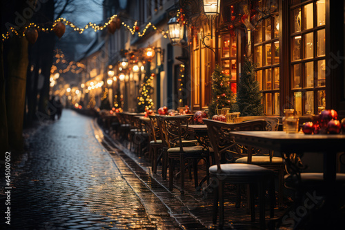 Festive Lights. City street illuminated with colorful Christmas lights, capturing the enchanting ambiance of the holiday season. Generative AI.