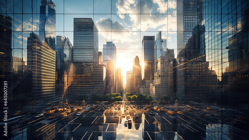 Reflective skyscrapers, business office buildings. low angle view of skyscrapers in city, sunny day. Business wallpaper with modern high-rises with mirrored windows. Generative AI - obrazy, fototapety, plakaty 