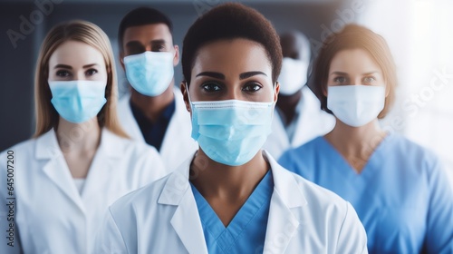 Photography of Group of doctors with face masks looking at camera in hospital background.