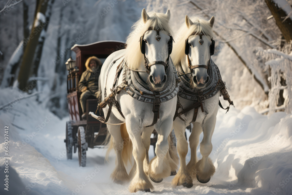 Sleigh Ride Fantasy. Horse-drawn sleigh gliding through a snowy landscape, evoking the idyllic scenes of Christmas past. Generative AI. Sleigh Ride Fantasy. Horse-drawn sleigh gliding through a snowy landscape, evoking the idyllic scenes of Christmas past. Generative AI.