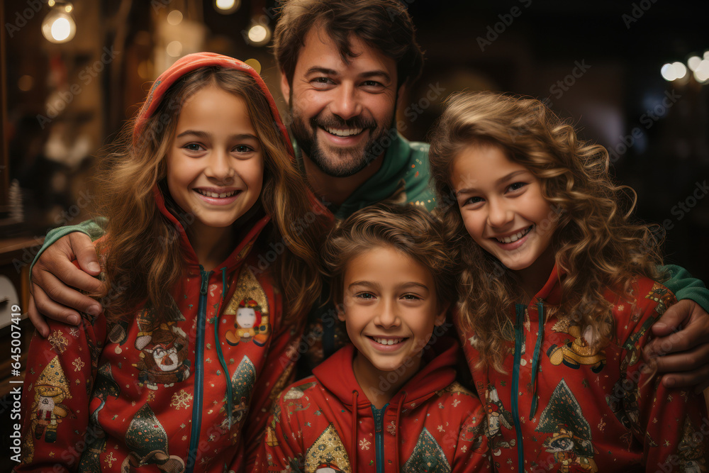 Christmas Pajamas. Family members wearing matching festive pajamas, adding a touch of whimsy to the holiday celebrations. Generative AI.