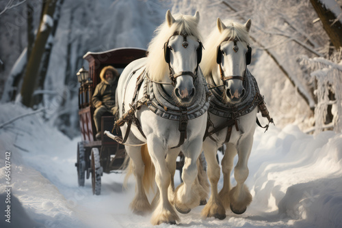 Sleigh Ride Fantasy. Horse-drawn sleigh gliding through a snowy landscape, evoking the idyllic scenes of Christmas past. Generative AI.