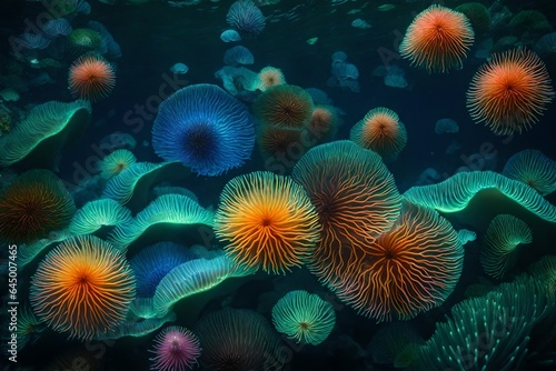 A simple background into an image of a surreal underwater world with sea anemones swaying in the currents. © Muhammad
