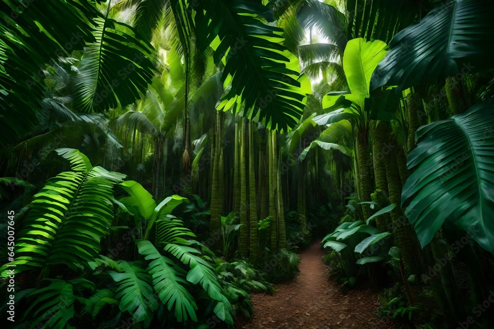 A artistic representation of a tropical paradise with banana trees and giant ferns.