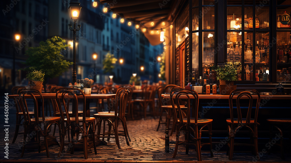 Cozy cafe bistro with blurred background and wooden montage. Generative AI Cozy cafe bistro with blurred background and wooden montage. Generative AI