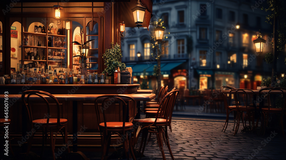 Cozy cafe bistro with blurred background and wooden montage. Generative AI