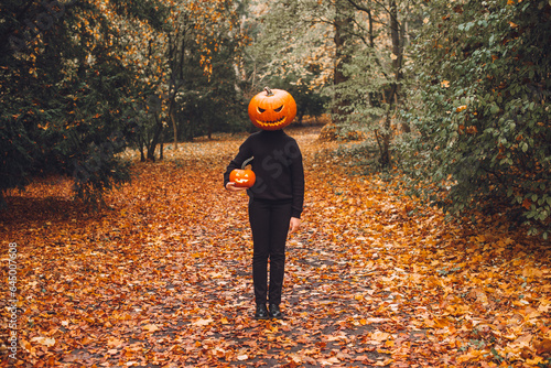 Halloween. Pumpkinhead. A man with a pumpkin on his head stands in a park on an alley strewn with yellow autumn leaves.