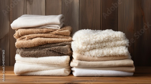 pile of fluffy towels on wooden table