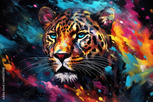 A stunning painting capturing the fierce beauty of a leopard with mesmerizing blue eyes