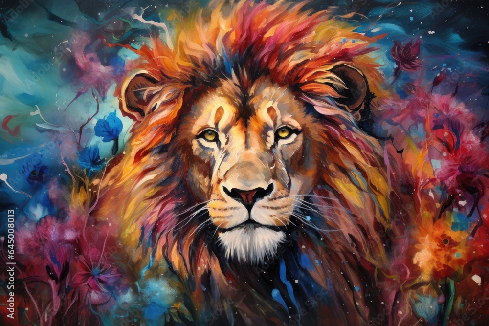 A lion painting surrounded by flowers