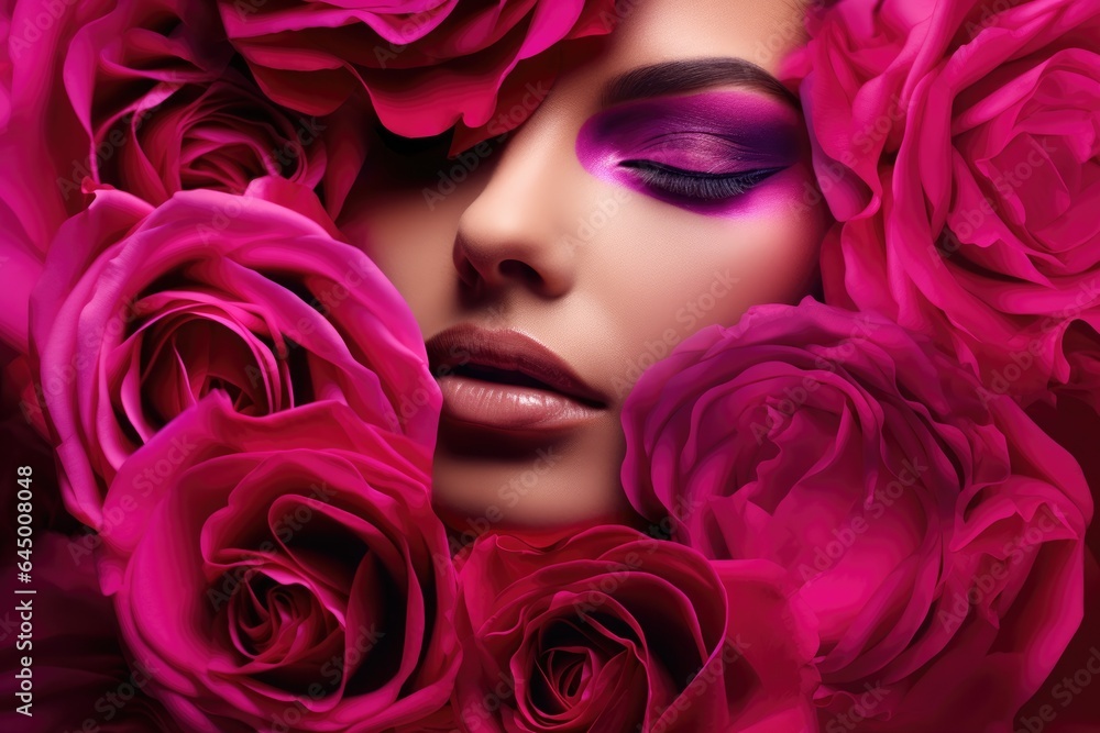 A woman with vibrant makeup and a bouquet of pink roses