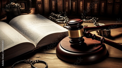 real judges gavel handcuffs and old legal book on the photo