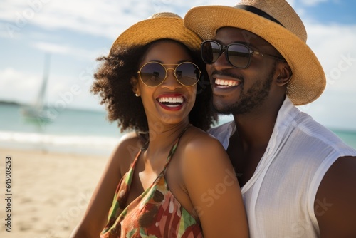 A happy young black couple on a beach.