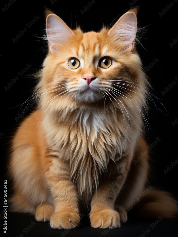 Cute domestic kitten sits staring outside with black background