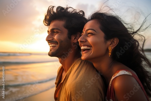 Happy, young Indian couple on the beach