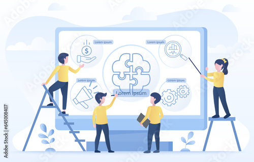 Business brainstorming ideas concept. Business people planning, data analysis, support, working together, creative thinking, improvement and development to achieve success. Flat vector illustration.