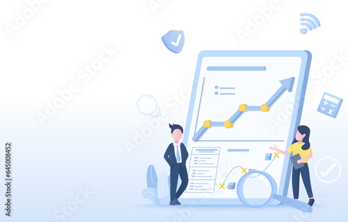Business ideas concept. Business people meeting, discussion, present strategy planning, tactical management, thinking, brainstorming to achieve success. Flat vector design illustration with copy space