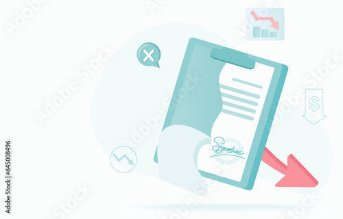 Contract cancellation concept. Termination or dismissal contract tear, contract failure, negotiation, problem, stocks market crash and reject confirmation. Flat vector illustration with copy space.