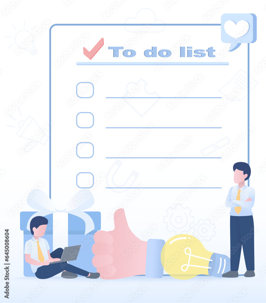 To do list and checklist concept. Template of to do list, checklist, reminder, schedule plan, project,  assignment to achieve business success. Flat vector design illustration.