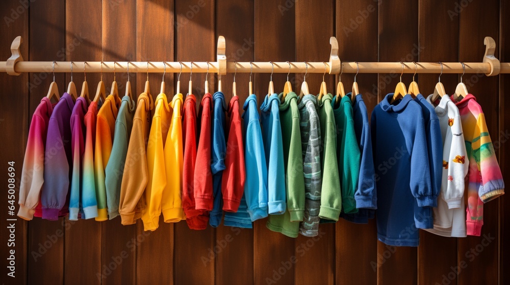 Colorful kids clothes on hangers