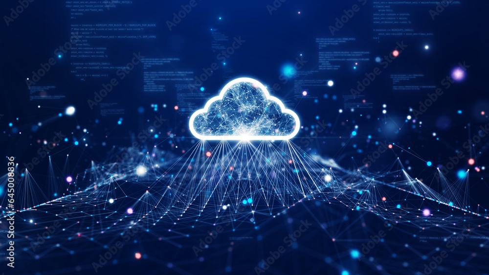 Cloud and edge computing technology data transfer concept. A large cloud icon is in the center. abstract code Interconnected polygons and multicolored dots on a dark blue background. - obrazy, fototapety, plakaty 