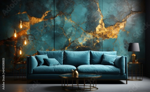 Blue sofa with a modern wall design