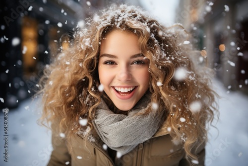Smiling young woman in winter. AI Generated.