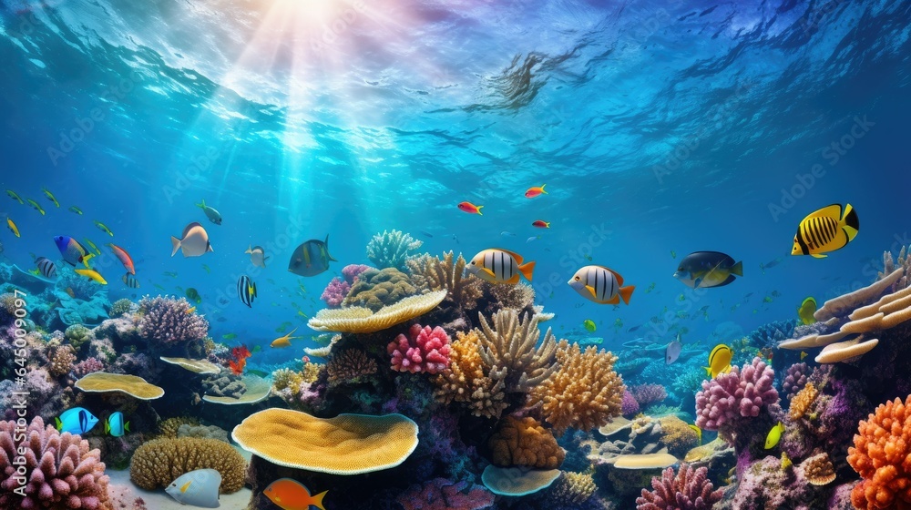underwater sea life coral reef panorama with many fish - obrazy, fototapety, plakaty 