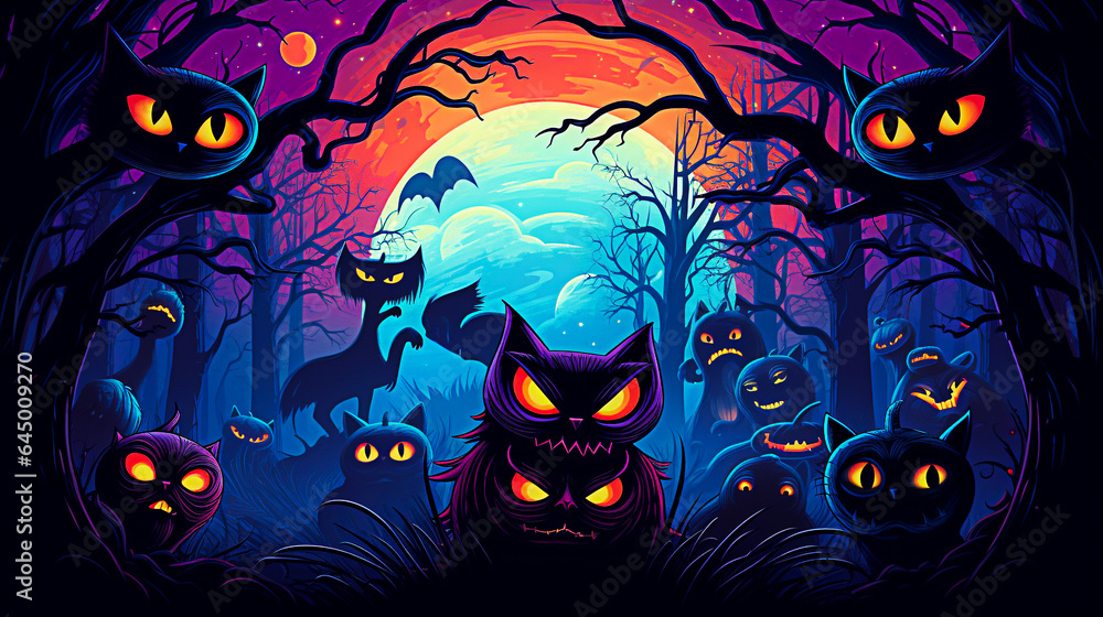 Halloween background with pumpkins, ghosts, bats, moon and trees. selective focus. Halloween background with pumpkins, ghosts, bats, moon and trees. selective focus.