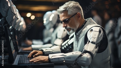 The presence of a robot using a computer. Office keyboard being typed on by machine. future IT group,.