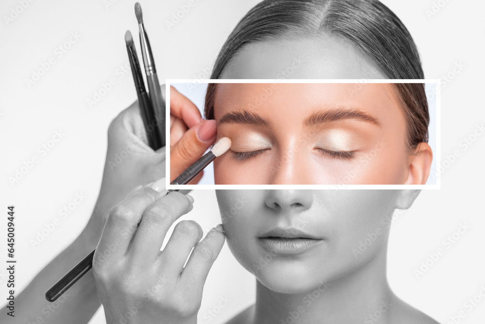 Beautiful woman with long eyelashes, beautiful make-up and thick eyebrows. Professional makeup and cosmetology skin care. Beautiful woman with long eyelashes, beautiful make-up and thick eyebrows. Professional makeup and cosmetology skin care.