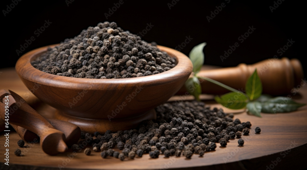 black pepper seeds in bowl isolated on black background black pepper seeds in bowl isolated on black background