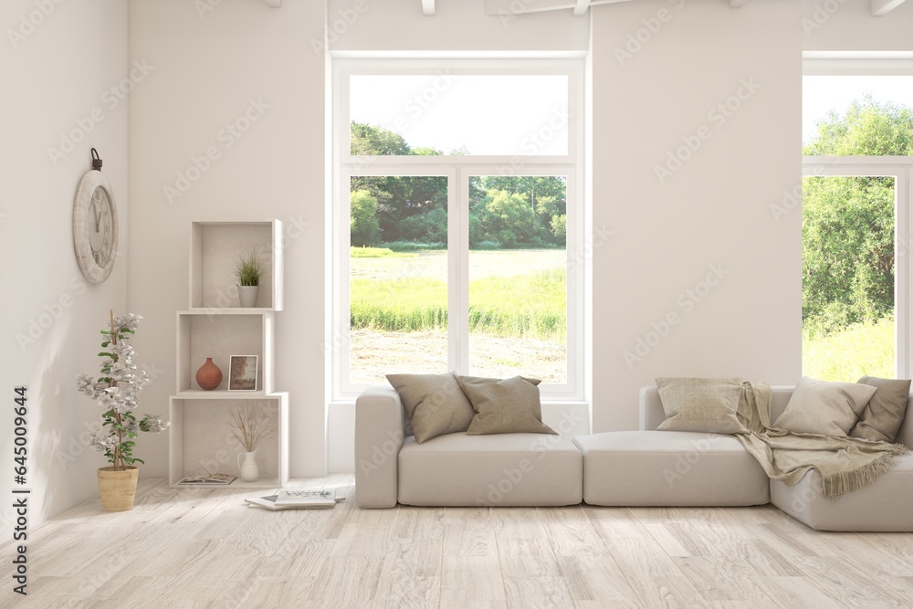 Bright interior design with modern furniture and summer landscape in window. 3D illustration Bright interior design with modern furniture and summer landscape in window. 3D illustration