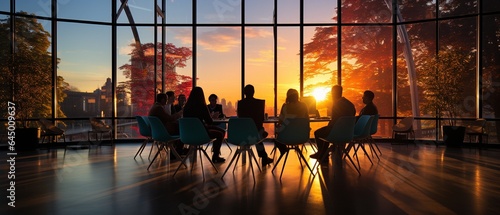 silhouettes of individuals in a conference room with a vibrant window behind them. © tongpatong