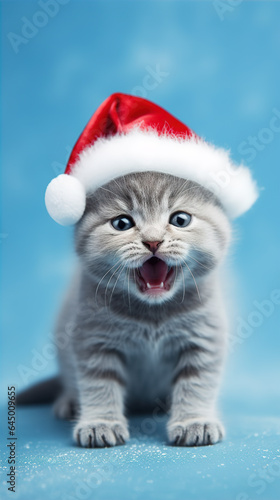 The kitten in the hat of Santa Claus on a blue background. Festive concept of the new year and Christmas. Generative AI.