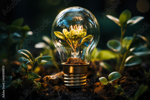 Light bulb with green plants inside and growing from the ground, energy saving and environmental resource conservation concepts