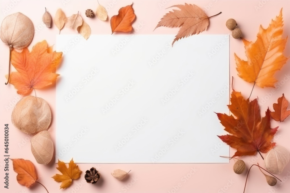 Autumn leaves on peach table, white sheet of paper Autumn leaves on peach table, white sheet of paper