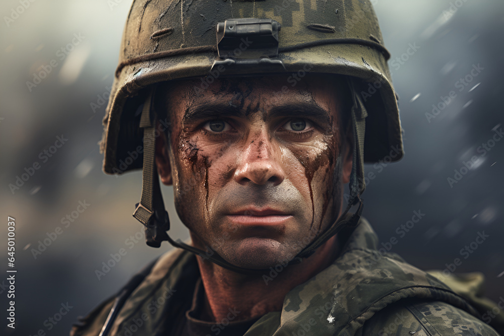 Dramatic Portrait of young male soldier. Man and woman in military uniform on the war. Dramatic Portrait of young male soldier. Man and woman in military uniform on the war.