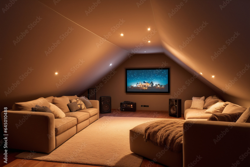 Cozy attic converted into a home cinema, plush bean bags and classic film posters on the wall Cozy attic converted into a home cinema, plush bean bags and classic film posters on the wall