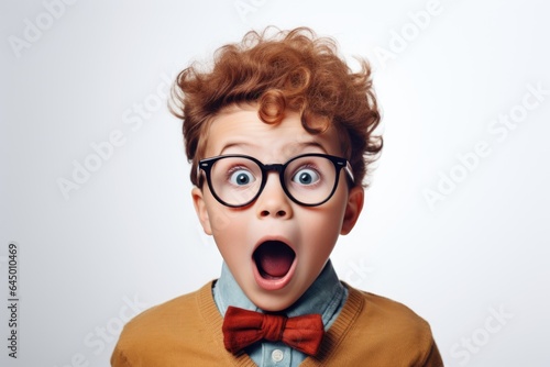 Surprised curly-haired boy with glasses on a white background © Julia Jones