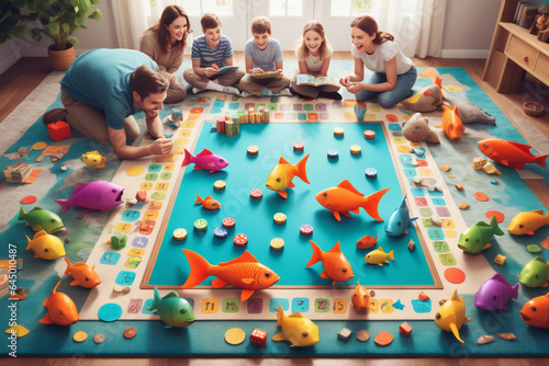 a family playing game night, board games spread out on a cozy carpet
