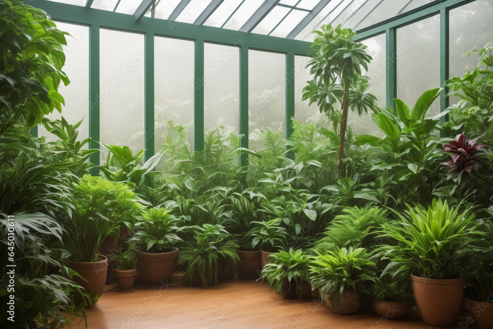 Indoor plant sanctuary, myriad of potted plants with lush green foliage creating a cozy botanical oasis Indoor plant sanctuary, myriad of potted plants with lush green foliage creating a cozy botanical oasis