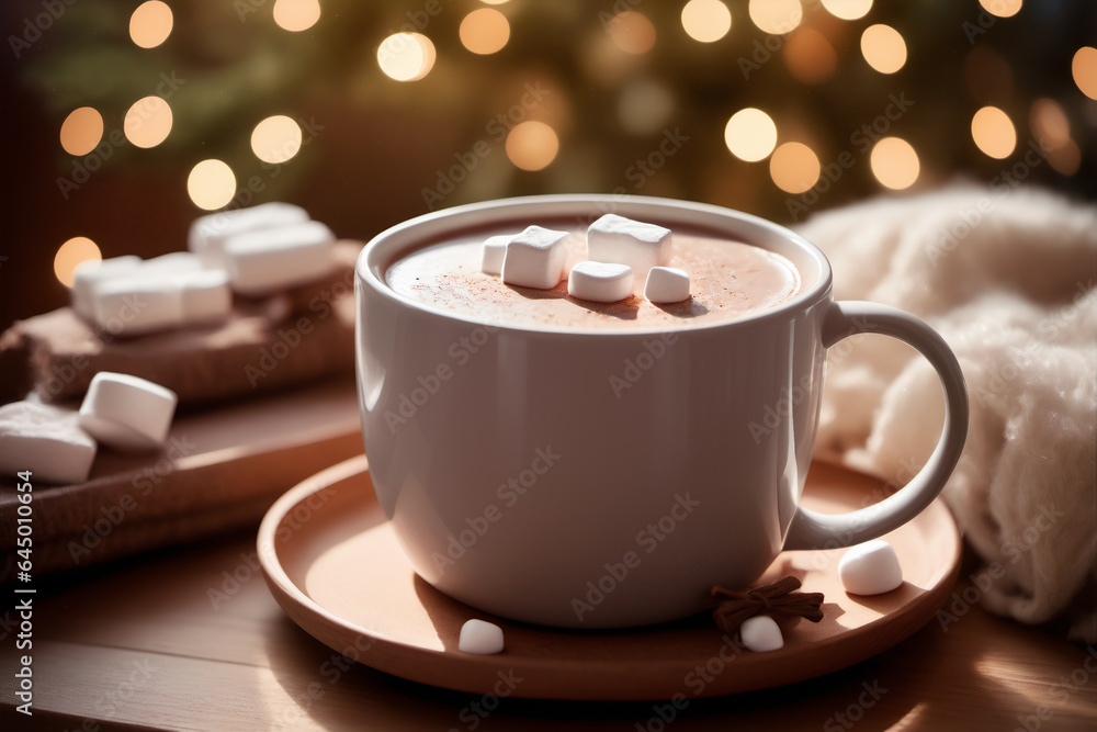 A serene indoor winter scene, mug of hot cocoa with marshmallows resting on a wooden coffee table A serene indoor winter scene, mug of hot cocoa with marshmallows resting on a wooden coffee table
