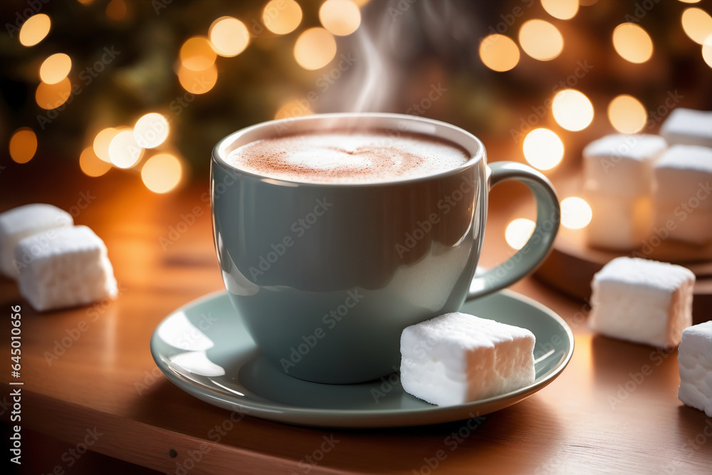 A serene indoor winter scene, mug of hot cocoa with marshmallows resting on a wooden coffee table