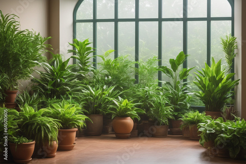 Indoor plant sanctuary, myriad of potted plants with lush green foliage creating a cozy botanical oasis