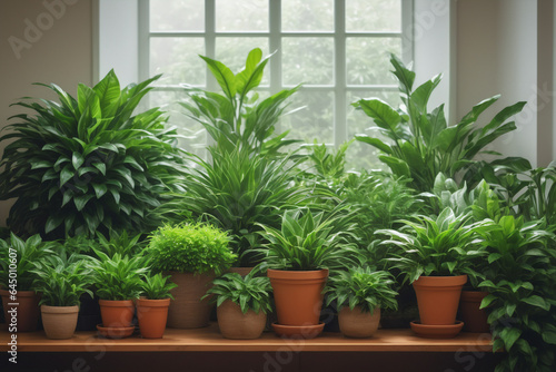 Indoor plant sanctuary, myriad of potted plants with lush green foliage creating a cozy botanical oasis © Zen
