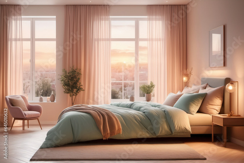 Bedroom setting during dusk, cozy bed with fluffy duvets and a soft glow from an adjacent window